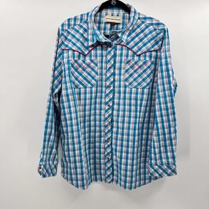 Bit & Bridal Gingham Plaid Blue Pink Pearl Snap Western Blouse Long Sleeve 1XL